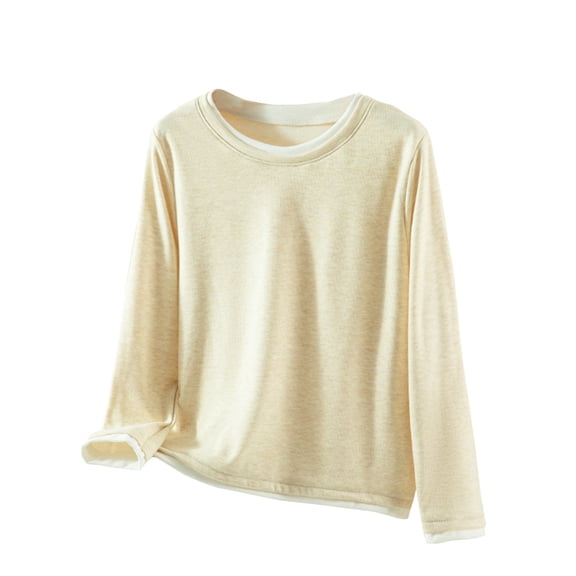 Enjoytime Womens Shirts Solid Color Round Neck Long Sleeve Blouse Trendy Fashion Soft Basic Tops for Woman Beige XXL