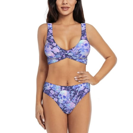 Zeuib flower crystal Skull High Waisted Tummy Control Bikini Set - Knot Front Push Up Top & Cheeky Thong Bottom  Two-Piece Swimsuit for Women-Small