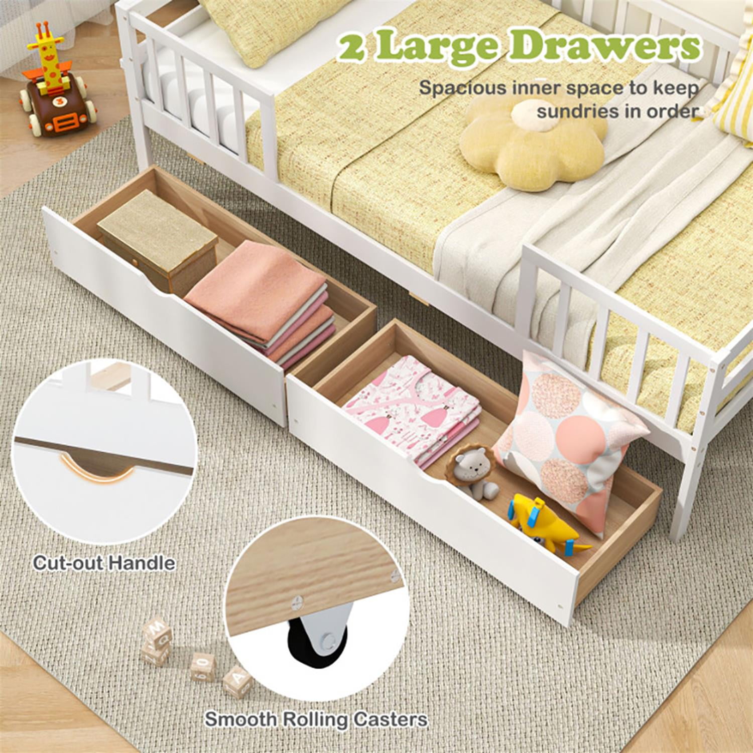 Demi Bonn Twin Daybed with Fence and 2 Drawers, Modern Wooden Bed Frame for Teens, White