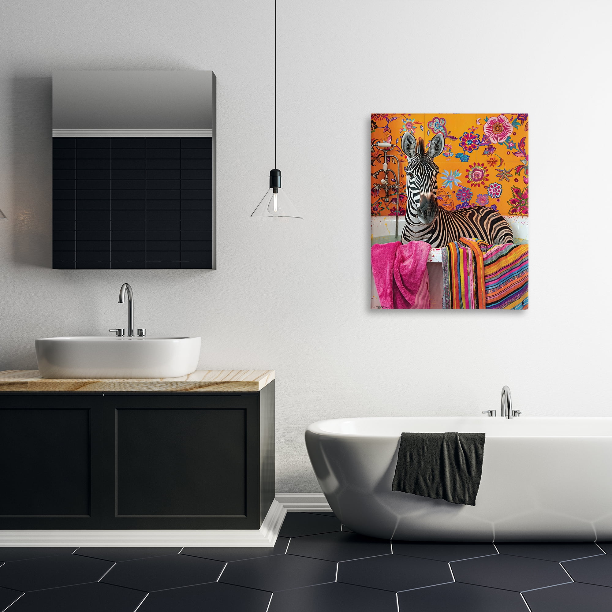 Zebra Bath with Colorful Towel Canvas Wall Art, design by Momart