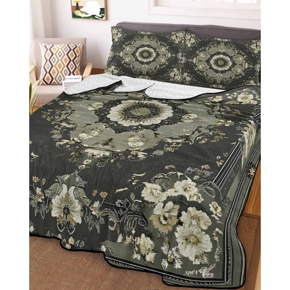 Sage Green Grey Boho Full Size Down Alternative Comforter, Lightweight Comforter Quilt Bedding Set with Pillow Shams Vintage Ethnic Geometric Abstract All Seasons Bed Comforter Duvet Insert 78"x90"