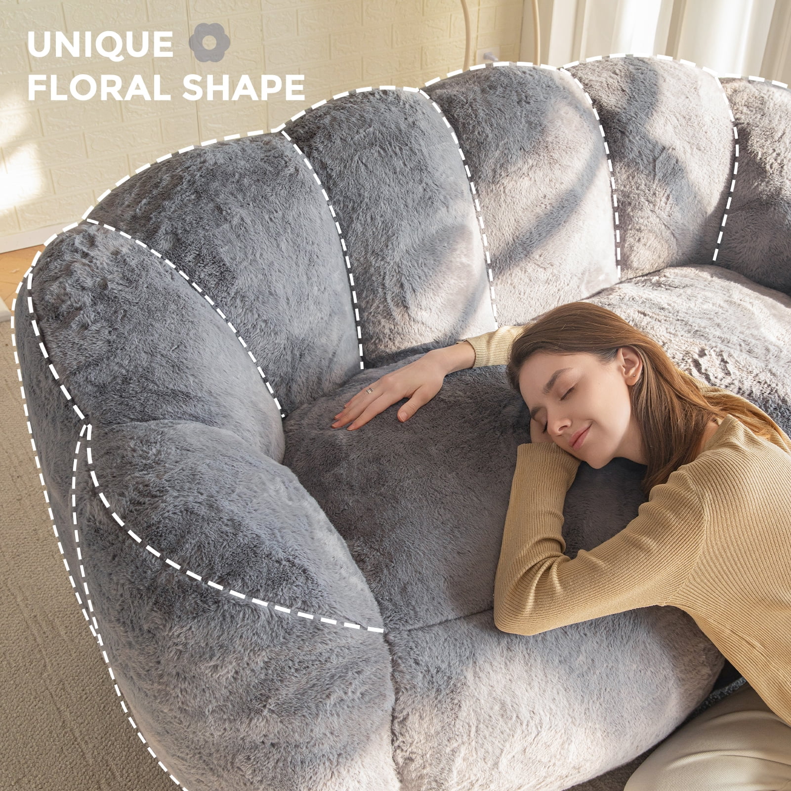GOODONE Adult Bean Bag Chair,Flower Shaped Bean Bag Sofa,Super Soft Plush Reading Chair,High Elasticity Lazy Sofa,Suitable for Living Room and Bedroom,No Assembly Required,DGrey,Double