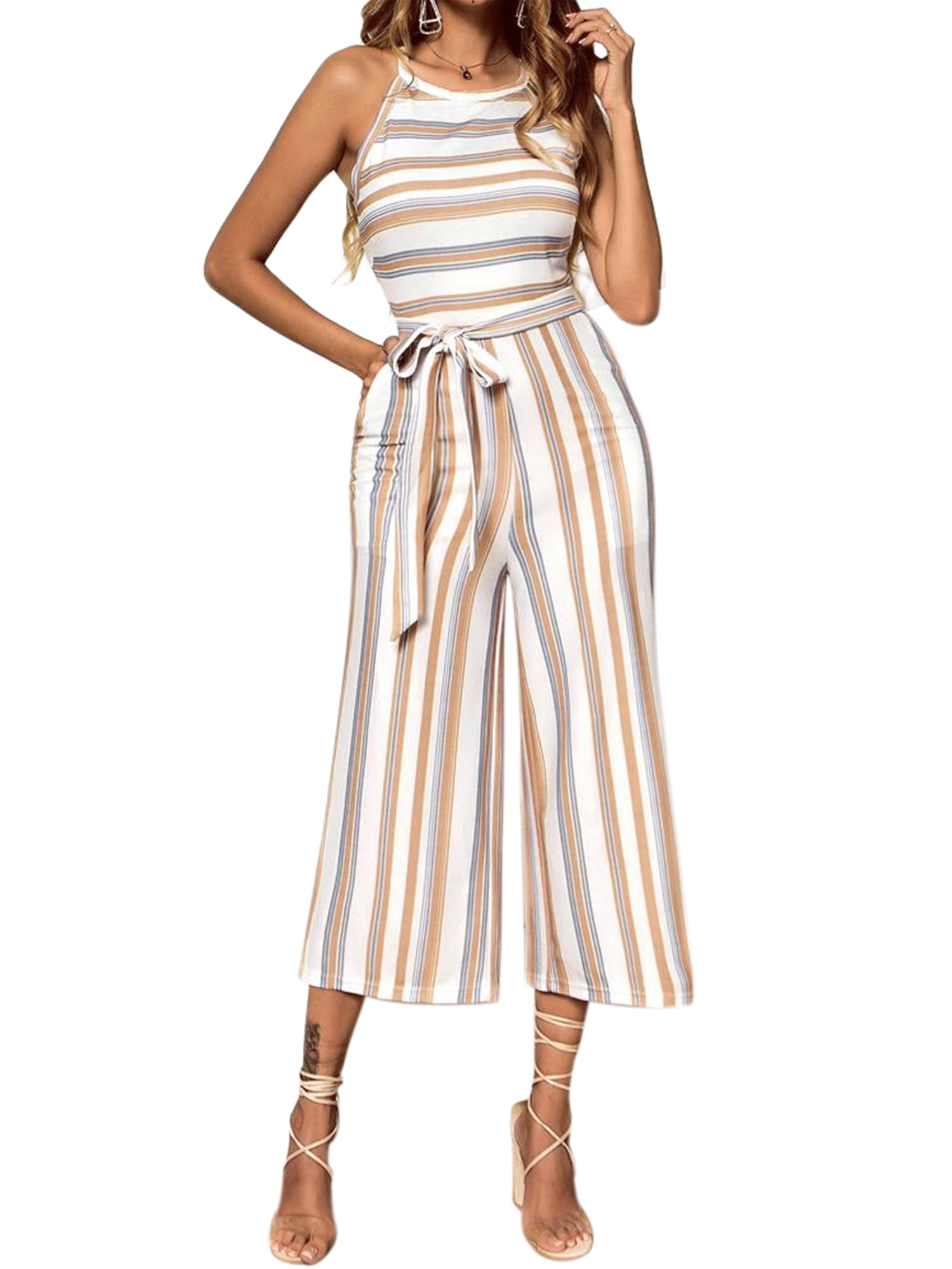 KILIG Women V Neck Tie Front Long Sleeves Wide Leg Long Pants Striped Casual Jumpsuit Romper with Pockets 