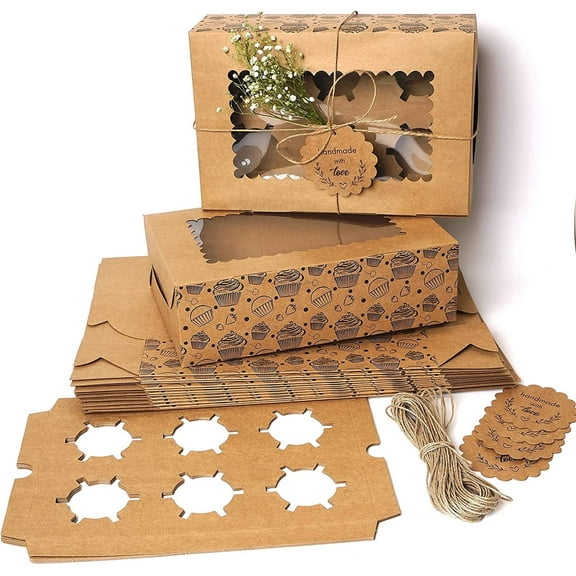 Mudrit 20 Pack Cupcake Boxes hold 6 with Windows, Food Grade Kraft Bakery Boxes for Cupcakes, Cookies, Muffins and desserts