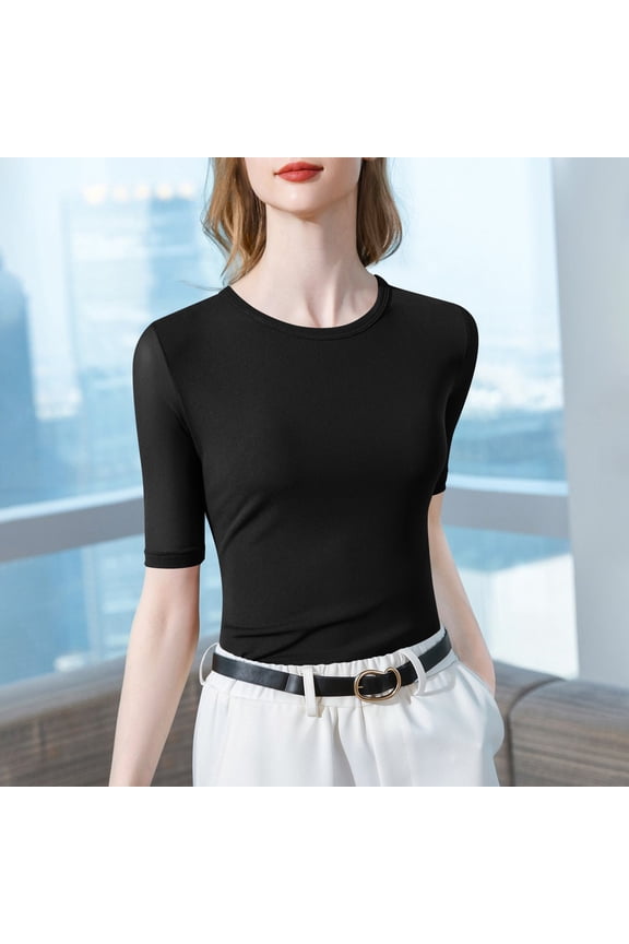 Women's Solid Color Crew Neck Mesh Base Layer  3/4 Sleeve Top Women's Tops, Women's Mesh Blouses Black L