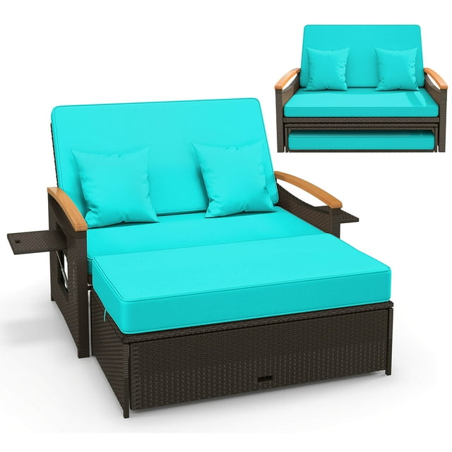 Costway Patio Rattan Daybed Set with Cushioned Loveseat & Storage Ottoman for Porch Turquoise