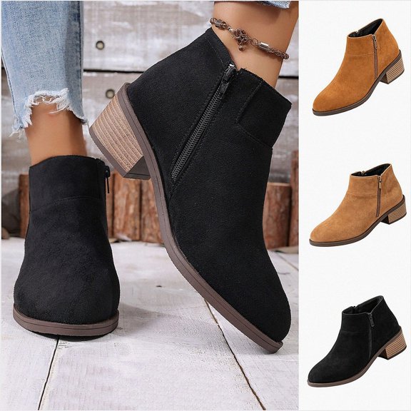 WAVSUF Women's Low Heel Ankle Boots Soft Sole Wide Width Pointed Toe Fall Suede Chunky Boots Black 6