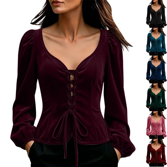 Womens Velvet Long Sleeve Renaissance Shirts Sweetheart Neck Slim Fitted Lace Up Corset Blouses Gothic Peasant Tops for Halloween Party, Wine, XL
