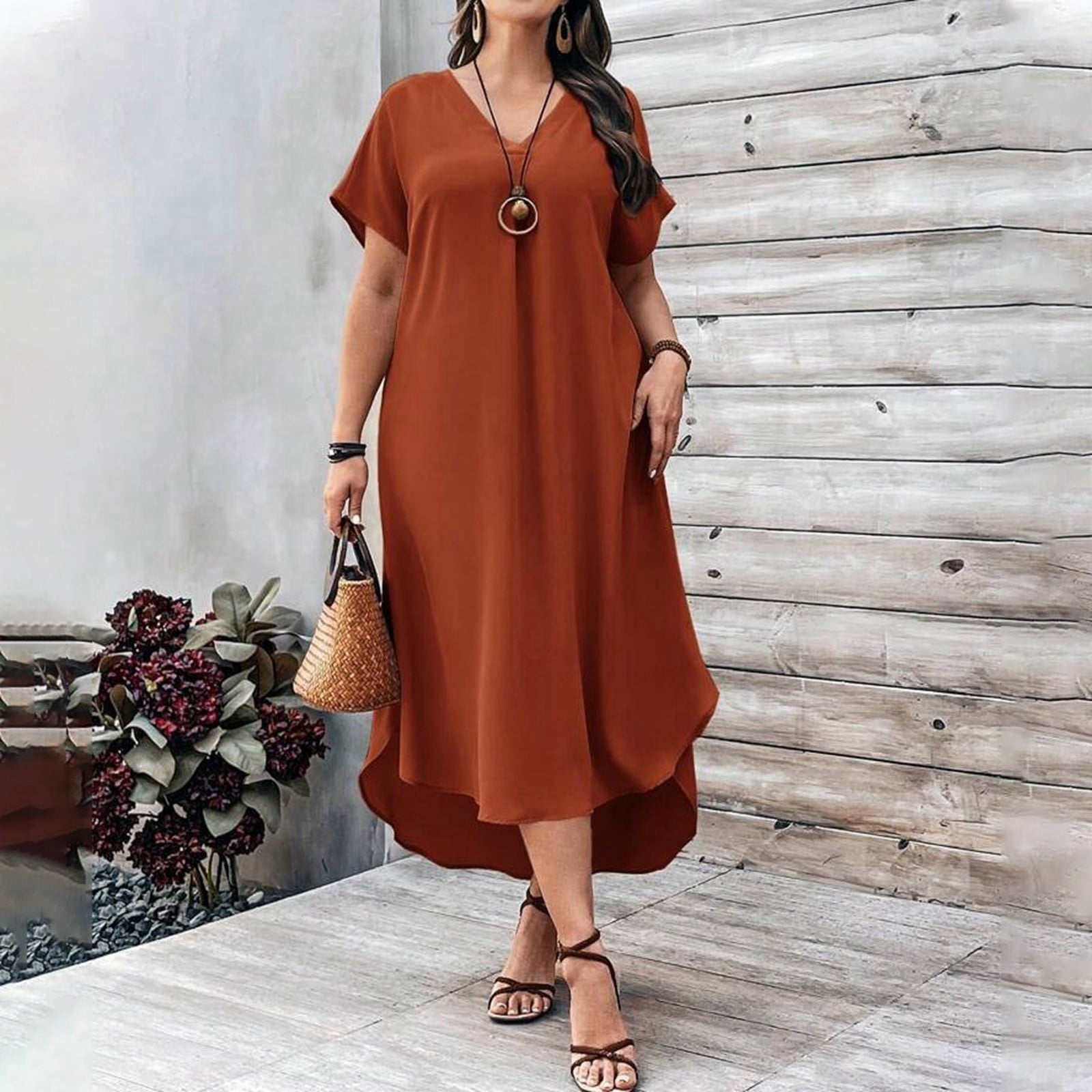Plus Size Maxi Dresses Curvy Women Ladies Spring Summer V Neck Solid Color  Loose Fit Plus Size Dress Plus Size Sundress Brown XXL - Walmart.com