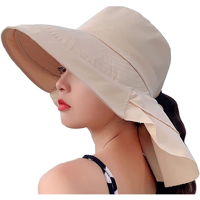 LinYooLi Chapeau de Protection Solaire Extérieur pour Femmes, Pliable, Large Bord, Queue de Cheval, Seau pour Cyclisme, Randonnée