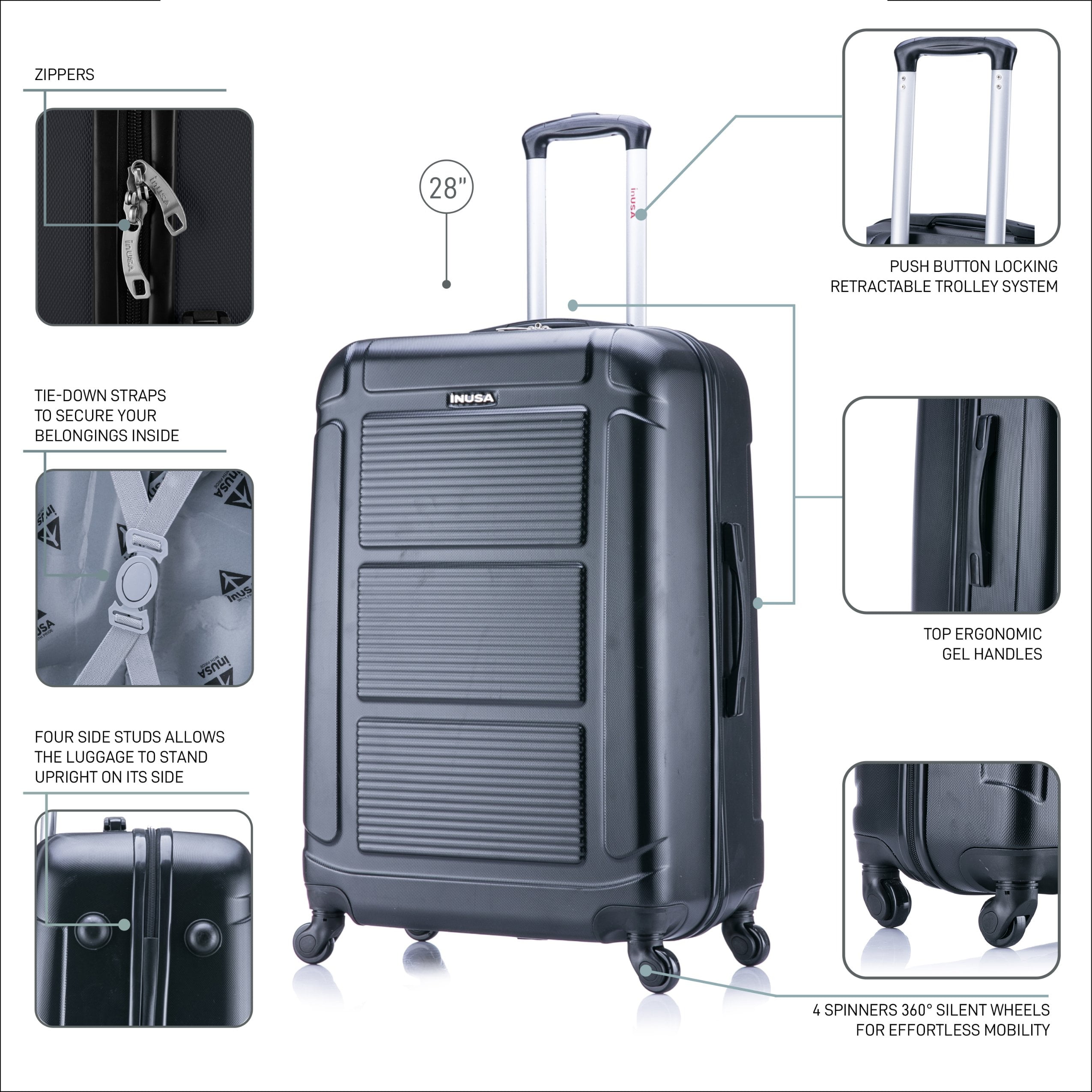 InUSA Pilot 28" Hardside Lightweight Luggage with Spinner Wheels, Handle, and Trolley, Black