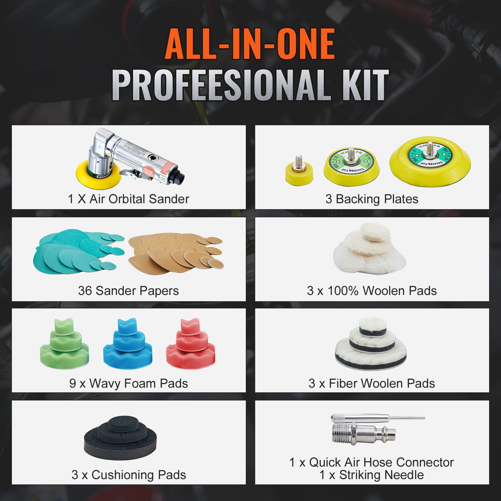 1/2/3 Inch Random Orbital Air Sander 15000RPM High Speed Mini Pneumatic Sander Kit 58PCS with Sandpapers Wool Pad Wavy Sponges for Auto Body Work