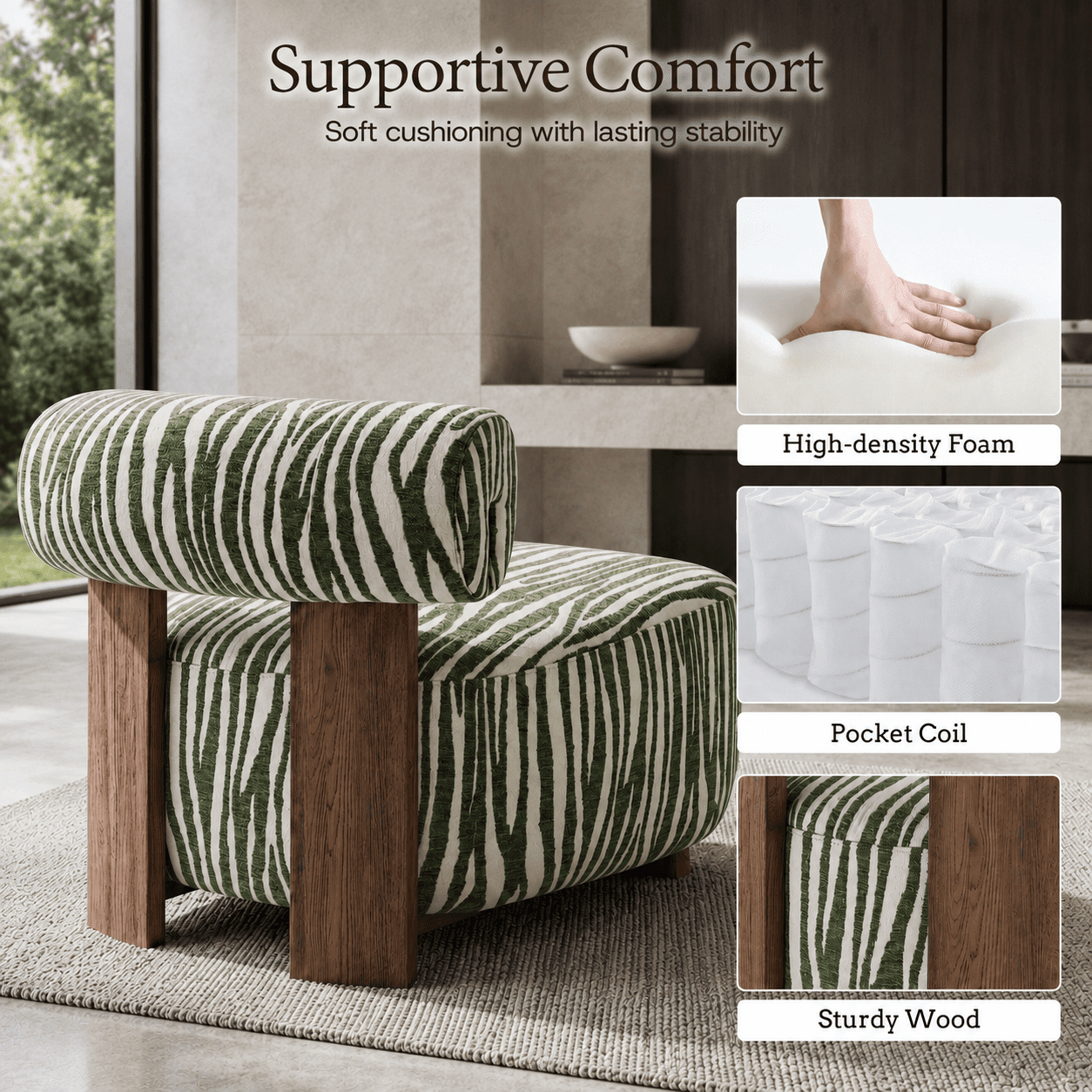 Aenkyo Zebra Stripe Chenille Accent Chair, 24 Inch Deep Seat Armless Chair, Green