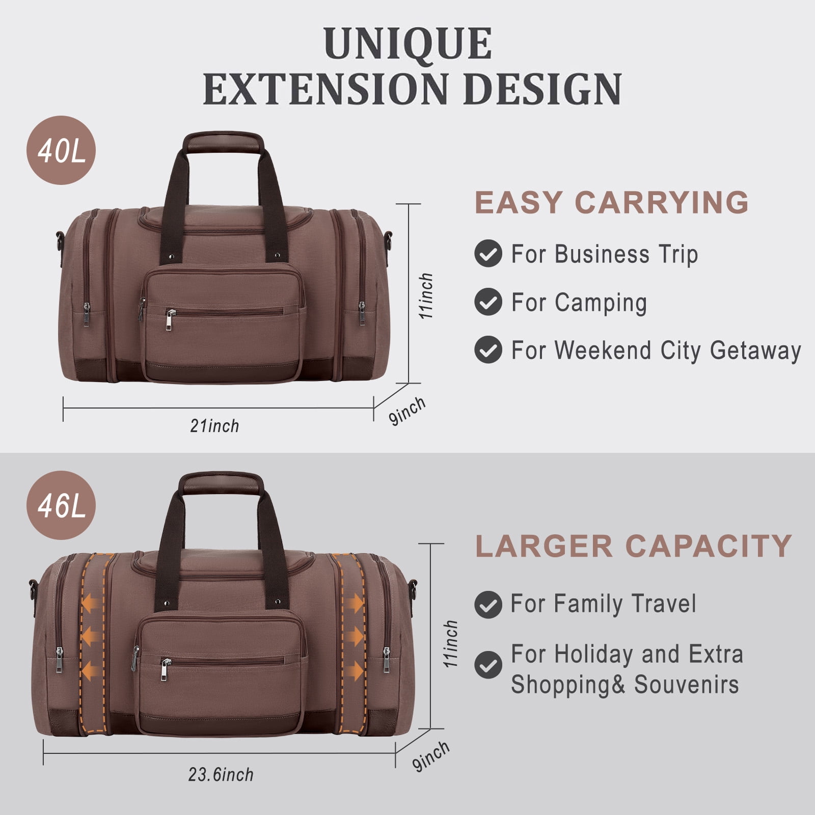 Gynky Duffle Bag for Travel Bag 46L Large Expendable Duffle Bags for Men Weekender Bag with Trolly Sleeve for Business Trip Travel Camp Gym, Coffee