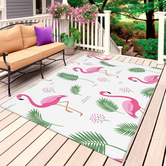 Pink Flamingos Outdoor Rug 6x9 Ft, Non Slip Washable Area Rug, Summer Green Tropical Palm Leaves Patio Rugs Carpet Runner, Large Floor Mat for Indoor/Outdoor Deck Porch Camping