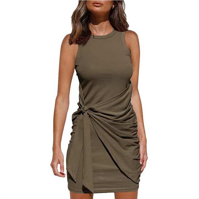 Women's Sleeveless Crew Neck Tank Dress Tie Waist Ruched Bodycon Mini Dress
