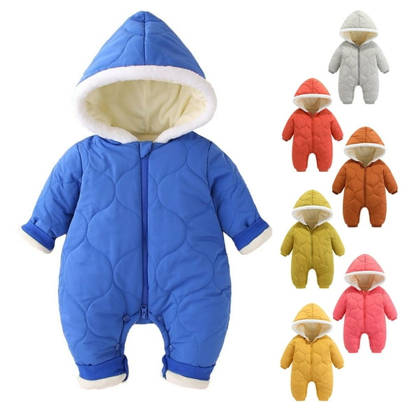 Zwiiyzr 2024 Baby Infant Long Sleeve Onesie Boy Girl Fluffy Jumpsuit Hooded Fleece Rompers Solid Color Cute Thick Keep Warm Bear Ear Outfits Holiday Birthday Gift Blue
