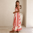thumbnail image 4 of Women's Red White Tribal Geometric Print Spaghetti Strap Maxi Dress Square Neck Smocked Back Boho Vacation Dress, 4 of 6