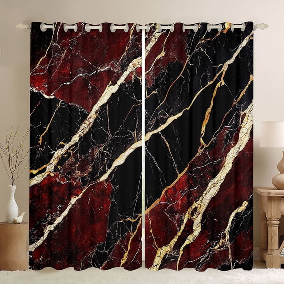 Homewish Marble Pattern Blackout Curtains Set of 2 (52x84 Each),Fluid Stripe Aesthetic Window Curtains,Red Black Gold Curtains and Drapes For Girls Teens,Ultra Soft Home Decor