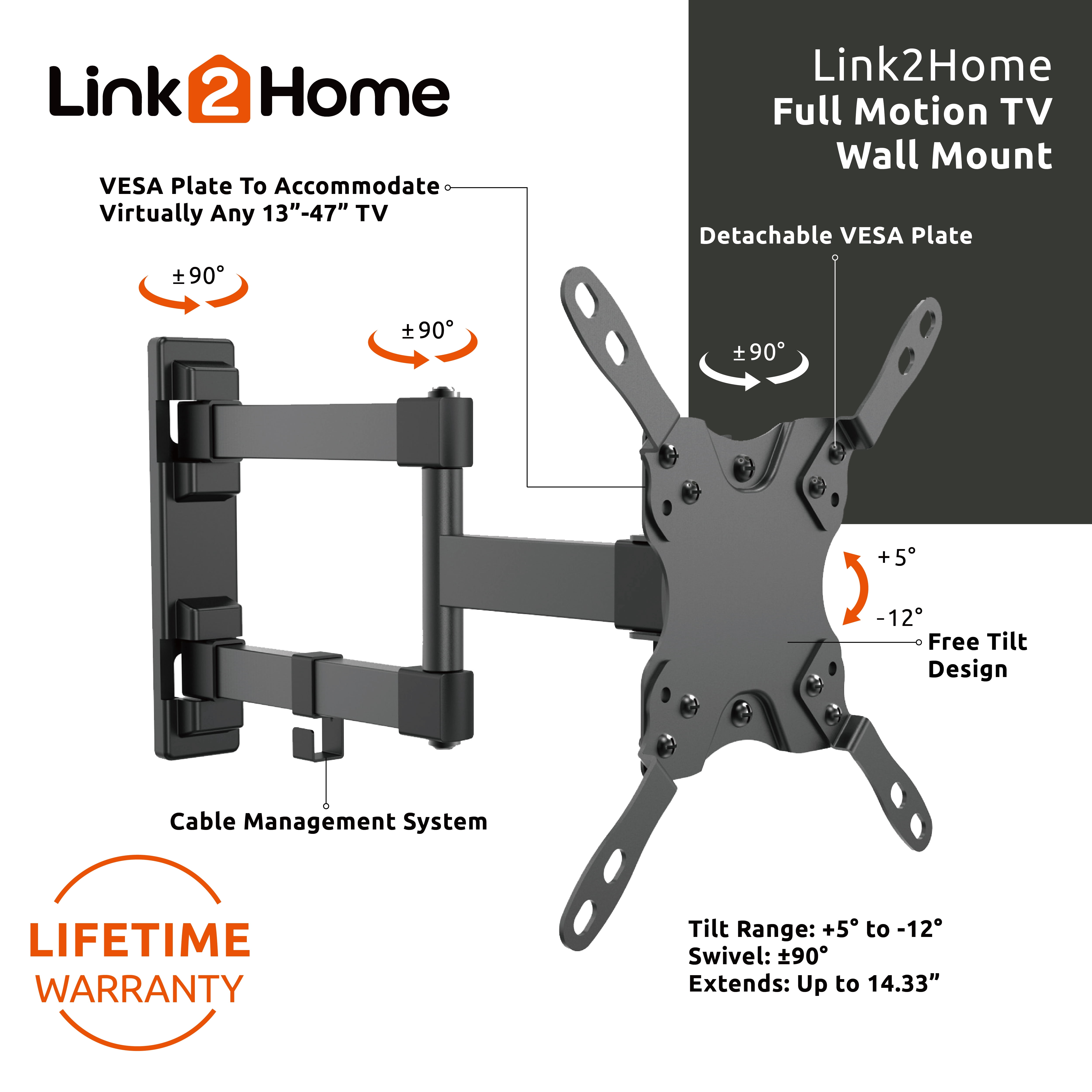 Link2Home Full Motion TV Wall Mount for 13''-47'' Flat Panel TVs, Up to 30 lbs.