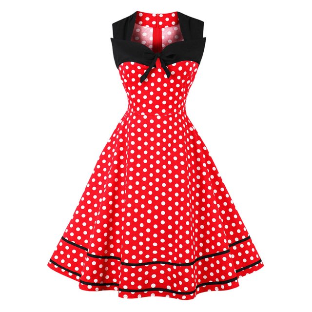 HKEJIAOI Robes Décontractées pour Femmes Cadeau d'Anniversaire Mode Femme Robe Vintage Sans Manches Col Carré Nœud à Pois Rouge Réduction Liquidation