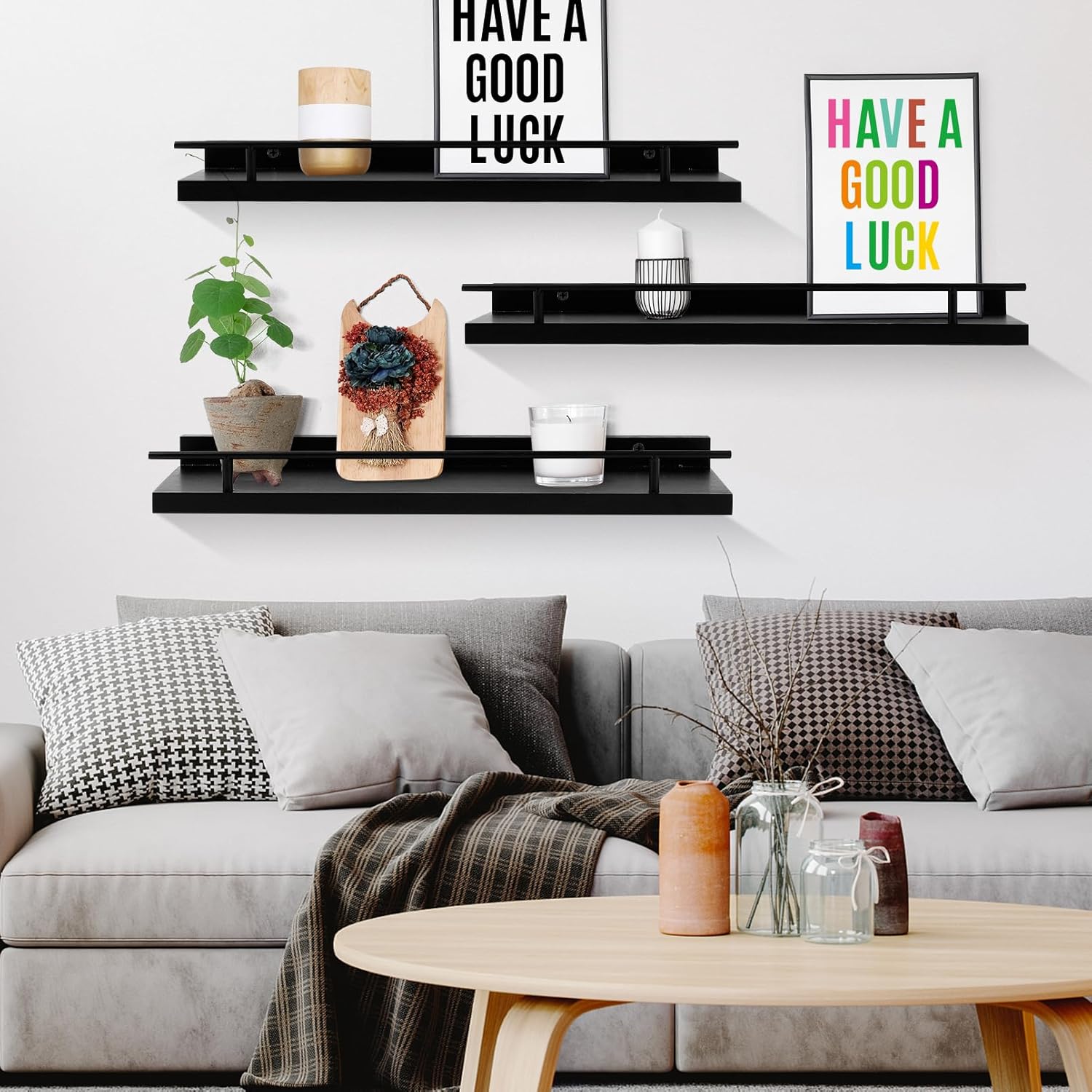 Floating Shelves Wall Mounted Set of 3, Black Wood Storage Shelf, Bathroom Wall Shelves Over Toilet, Floating Shelf for Bathroom Living Room Bedroom Kitchen Office