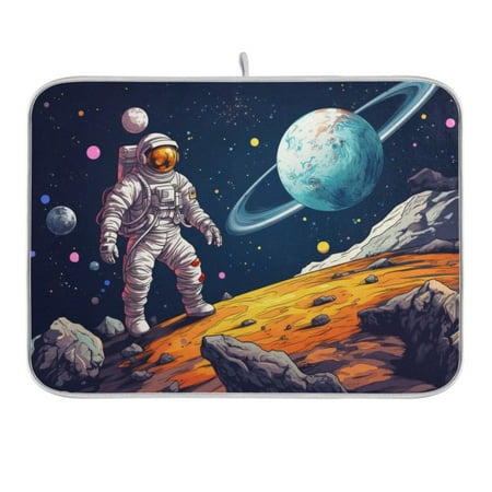 

Dish Drying Mat Kitchen Counter Astronaut Walk on Planet Dishes Drainer Pad Absorbent Microfiber Reversible 16 x18