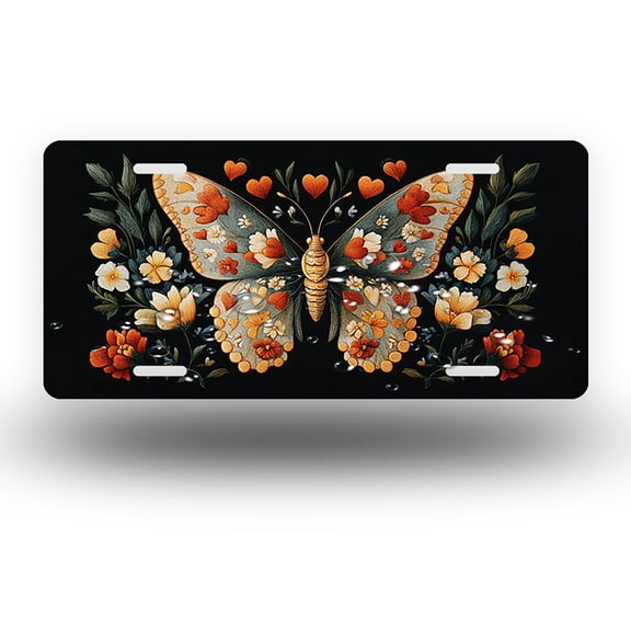 License Plate,Embroidered Butterfly with Hearts Decorative Front,Personalized Stainless Steel License Plate Cover For Men Women,12.2" X 6.2"