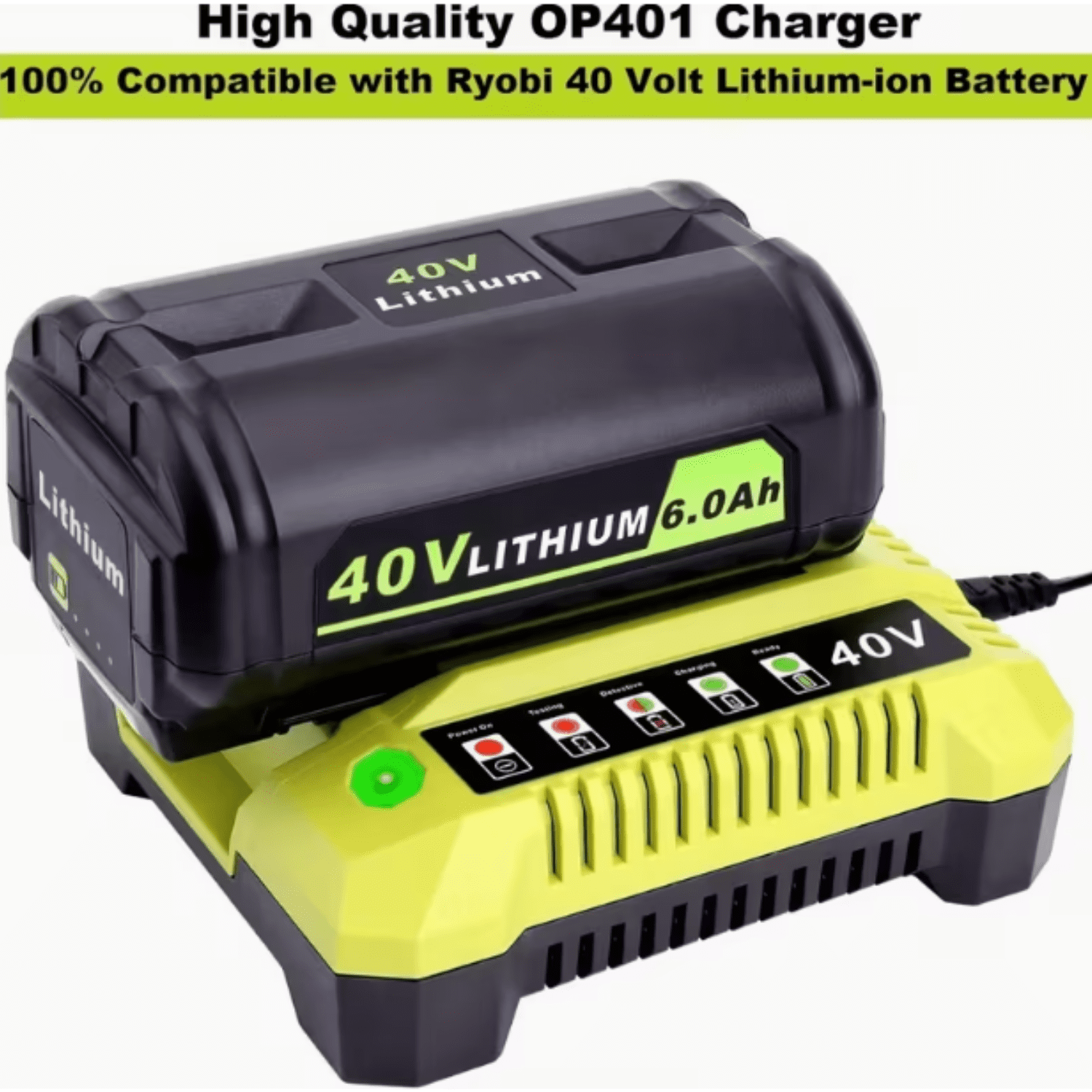 2 Pack Replacement for Ryobi 40V Battery and Charger Compatible with Ryobi 40 Volt Battery Lithium OP4040 OP40401 OP4026 OP40261 OP4050 OP40201 Compatible with 40 Volt Cordless Power Tool (Green)