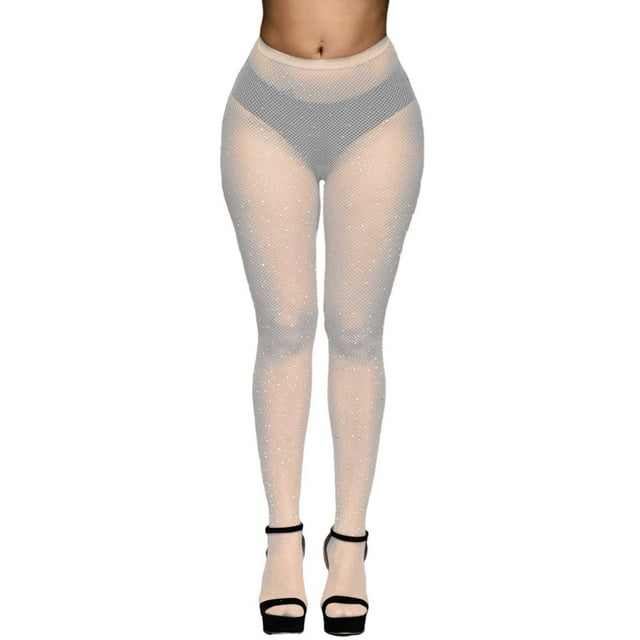 TIEVOSA Bas Résille pour Femmes avec Bas Résille à Strass Collants Résille (Blanc)