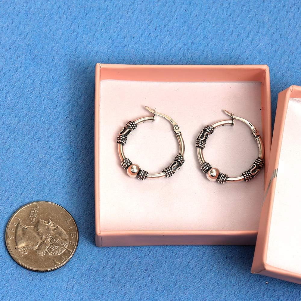 LeCalla 925 Sterling Silver Light-Weight Oxidized Small Balinese Click Top Hoop Earrings Jewelry for Women and Teen 22MM