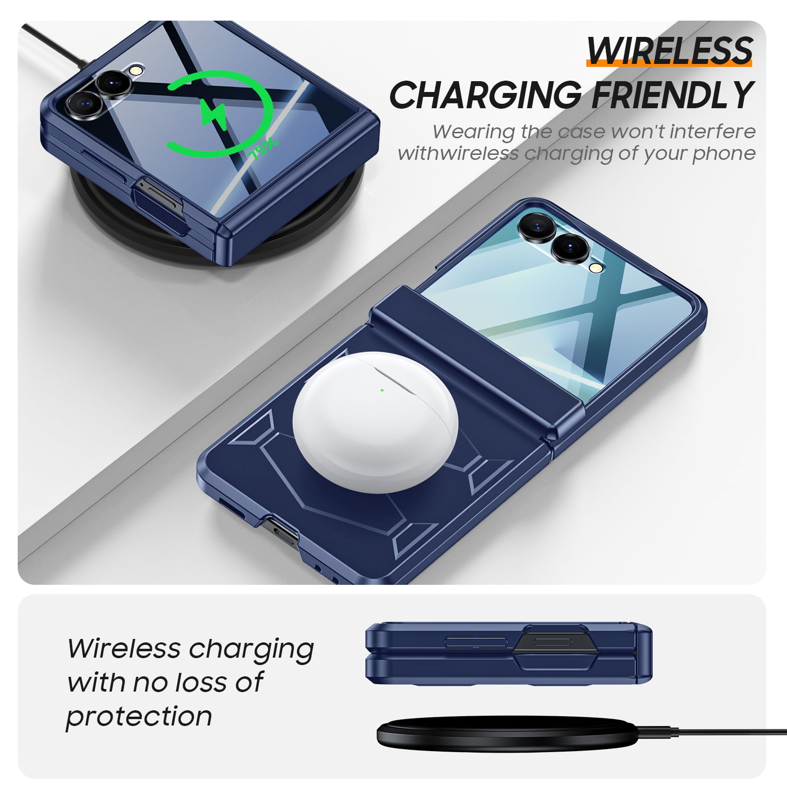 Vizvera for Samsung Galaxy Z Flip 7 Case with Hinge Cover,Built-in Screen Protector Shockproof All-Inclusive Smartphone Cover Wireless Charging-Blue