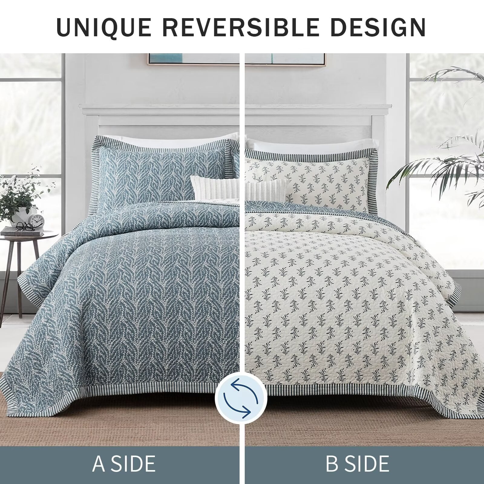 DDUOXIN King Size Quilt Bedspread - 100% Cotton Dusty Blue & White Floal Modern Stylish Summer Quilt for King Bed, Reversible Lightweight King Bedspread with 2 Pillow Shams, 3-Piece All Season