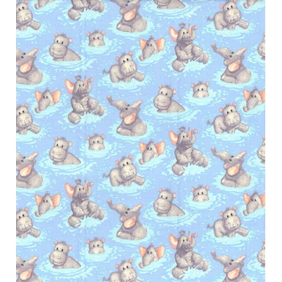 Hippo Babies Playing In Water Nursery Cotton Fabric