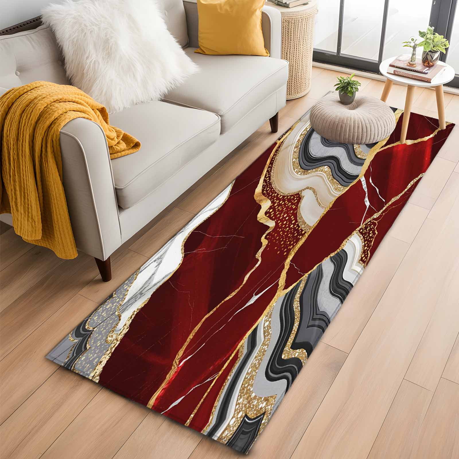 Red Gold Marble Runner Rugs 2x6 ft Glitter Geometric Marble Foil Texture Washable Hallway Rugs Non-Slip Floor Mats Absorbent Carpet Bedside Runners for Bedroom Kitchen Bathroom Laundry Room