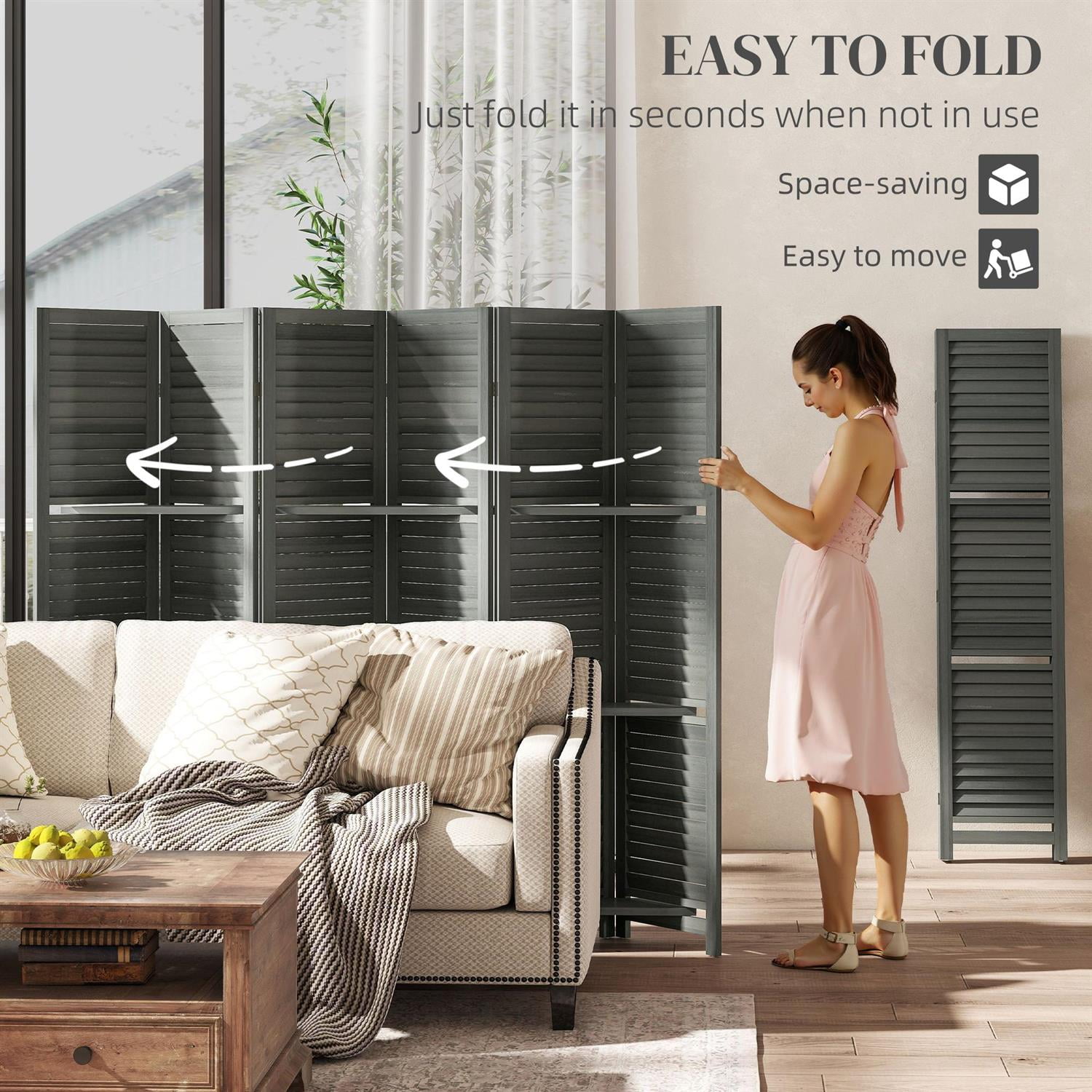 Demi Bonn 67" Tall Wood Privacy Screen Room Divider with 6 Panels, 3 Shelves, Folding Storage for Bedrooms, Gray