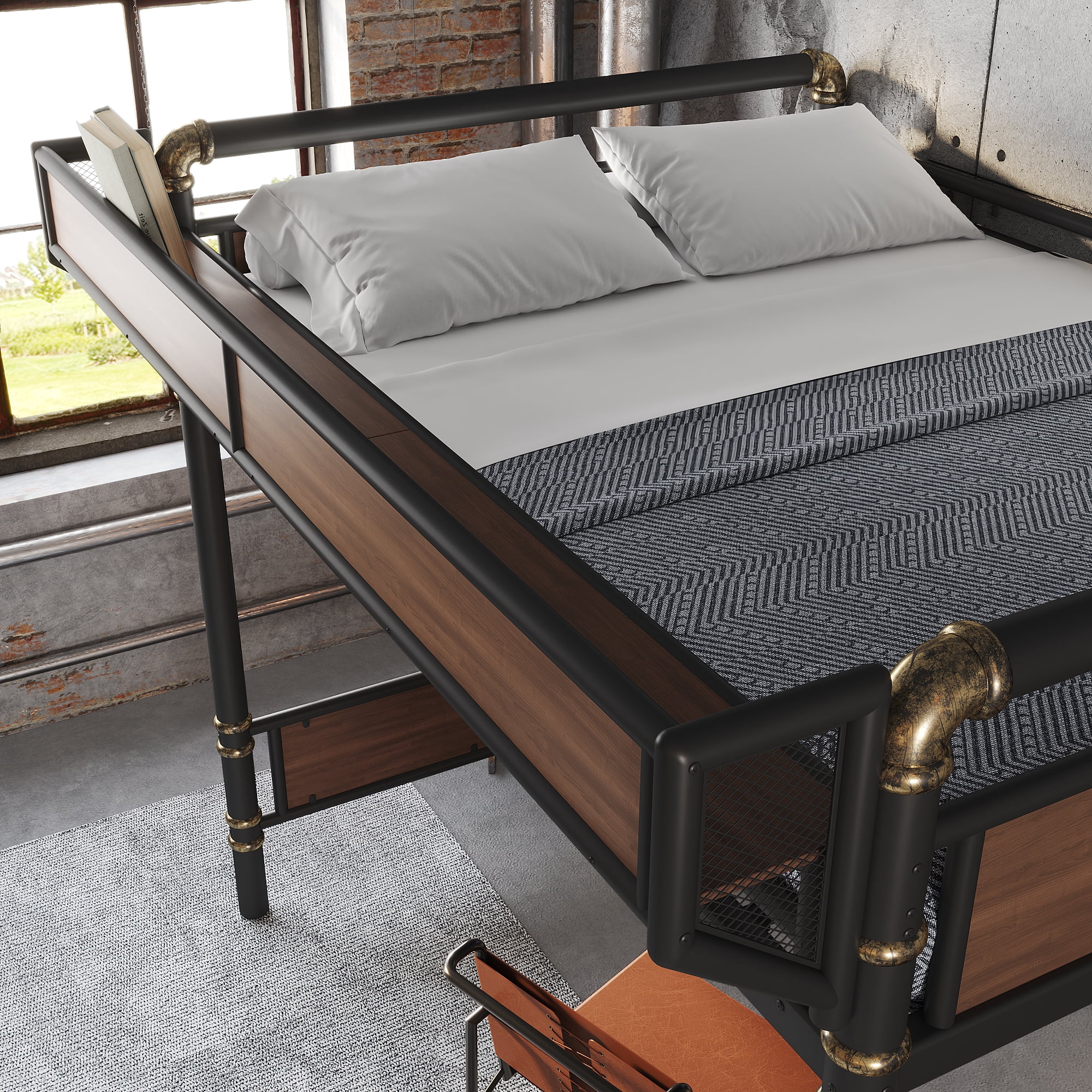 Leumius Queen Size Metal Loft Bed with Built-in Desk & Power Outlet, LED Strip, Industrial Metal Loft Bed Frame with Pegboard & Mesh Storage Baskets, Storage Stairs with Wardrobe, Black