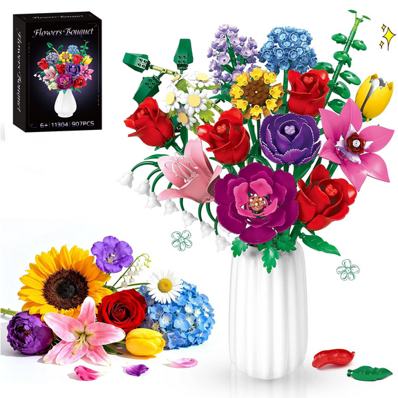 Remocguys Flower Bouquet Building Set Compatible with Lego Flowers Rose Sunflower Decor Gift for Adults 907 Pcs