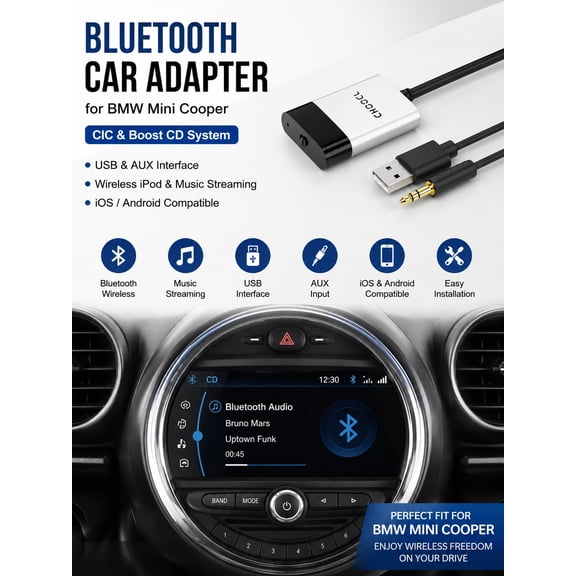Bluetooth Car Adapter for BMW Mini Cooper – CIC & Boost CD System, USB & AUX Interface, Wireless iPod & Music Streaming (iOS/Android Compatible)