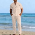 thumbnail image 5 of IROINNID Men's 2 Piece Casual Short Sleeve Button Down Camp Collar Shirt and Drawstring Pants Linen Blend Summer Beach Vacation Outfit, 5 of 8