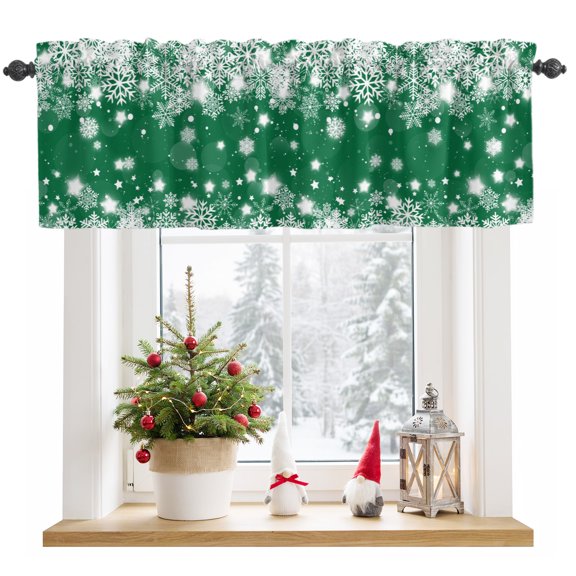 Window Valance for Kitchen, Green Christmas Snowflakes Rod Pocket Curtain Valances Short Curtains Drapes Panel, Xmas Window Treatment Topper for Living Room Bathroom Bedroom Home Decor 54x18in