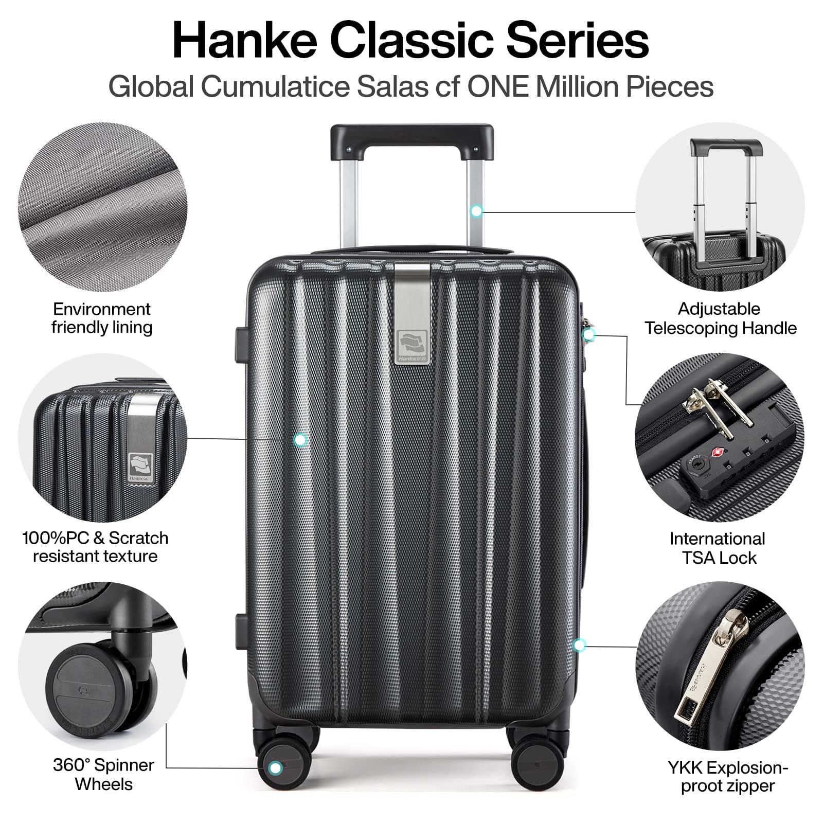Hanke 20 Inch Carry On Luggage Airline Approved Hard Shell Suitcases with Wheels & Front Pocket TSA Luggage Lighiweight Carry On Suitcase for Travel Rolling Luggage(Grayish white)