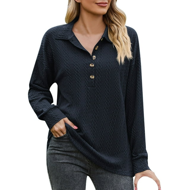 SZXZYGS T-Shirts pour Femmes Col en V Graphique Mode Femme Décontracté Col Rabattu Bouton Couleur Unie Manches Longues Décontracté Ample Haut Chemise Été 2024
