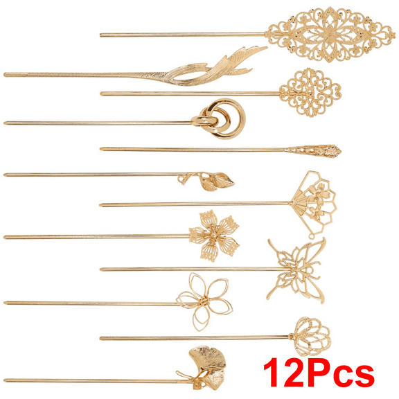 12 Pack Gold Decorative Vintage Butterlfy Flower Metal Hair Sticks Retro Hair Pins Forks Hairpins Hair Bun Updo Holders Long Thick Hair Accessories for Women Girls