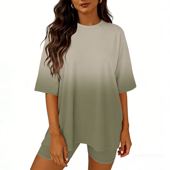 LEWKW Women's Ombre 2 Piece Outfits Oversized T-Shirt & Biker Shorts Sets Gradient Activewear Summer Casual Loungewear Athletic Running Tracksuits
