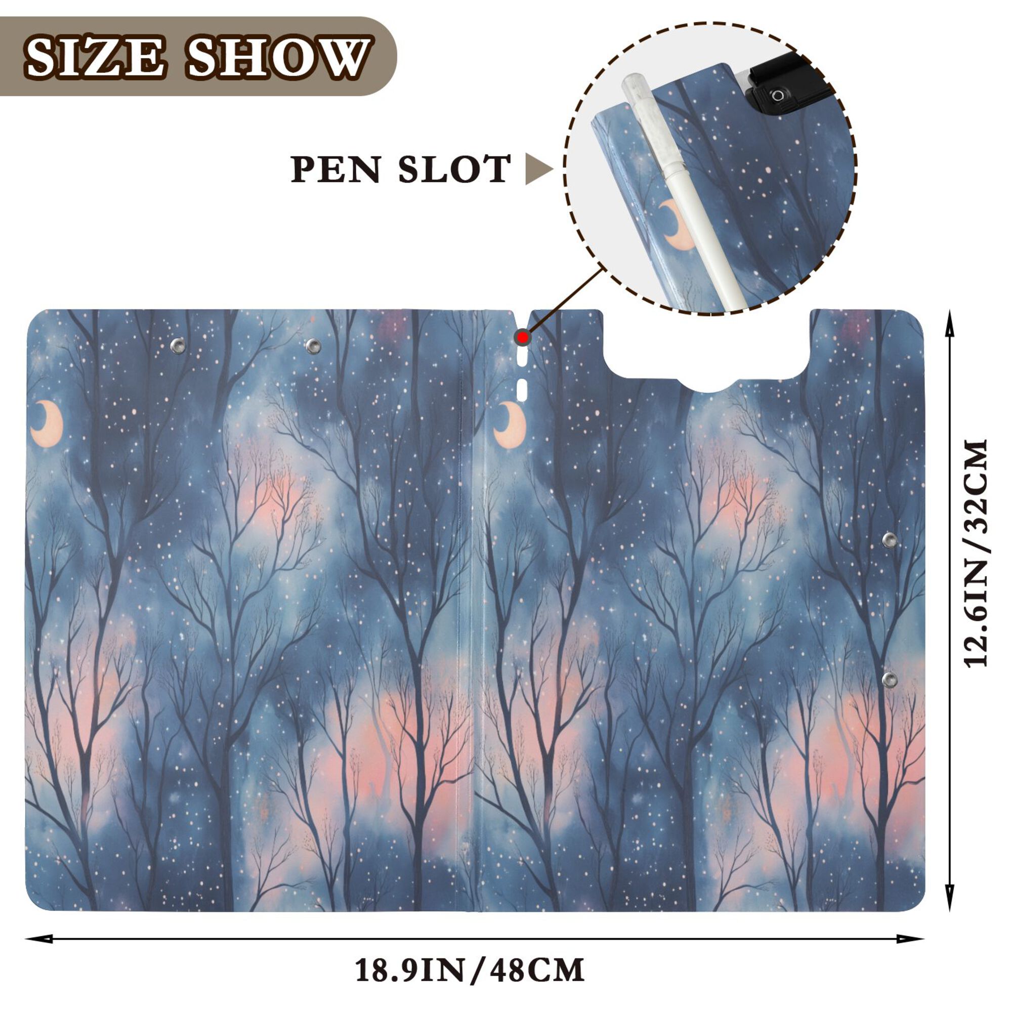 FORMRS A4 Clipboard Folder with Pen Holder Horizontal Foldable School Office Binder, Trees in The Night
