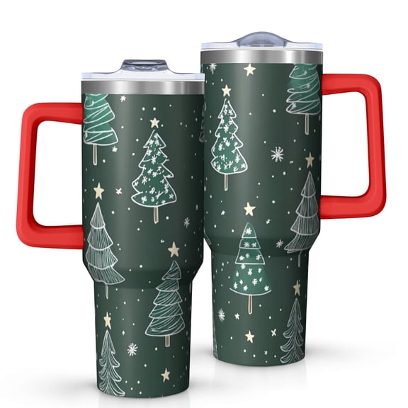 Dark Green Christmas Tree Pattern Tumbler with Handle and Lid,40oz Double Wall Vacuum Insulated Tumbler,Cups Gift for Women and Men