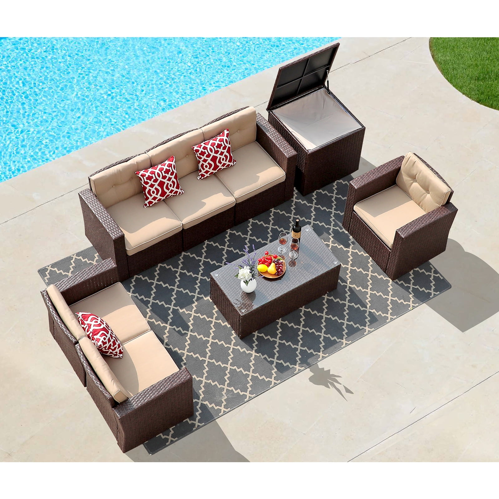 JOIVI 8 Pc Outdoor Furniture Set with Storage Box, Wicker Rattan Patio Conversation Set with Sectional Sofa Couch for 6 People, Espresso Brown