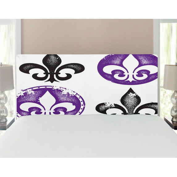 Fleur De Lis Headboard, Arrangement of Fleur De Lis Designs Silhouettes Vintage Spiral Art, Upholstered Decorative Metal Bed Headboard with Memory Foam, Full Size, Black Purple, by Ambesonne