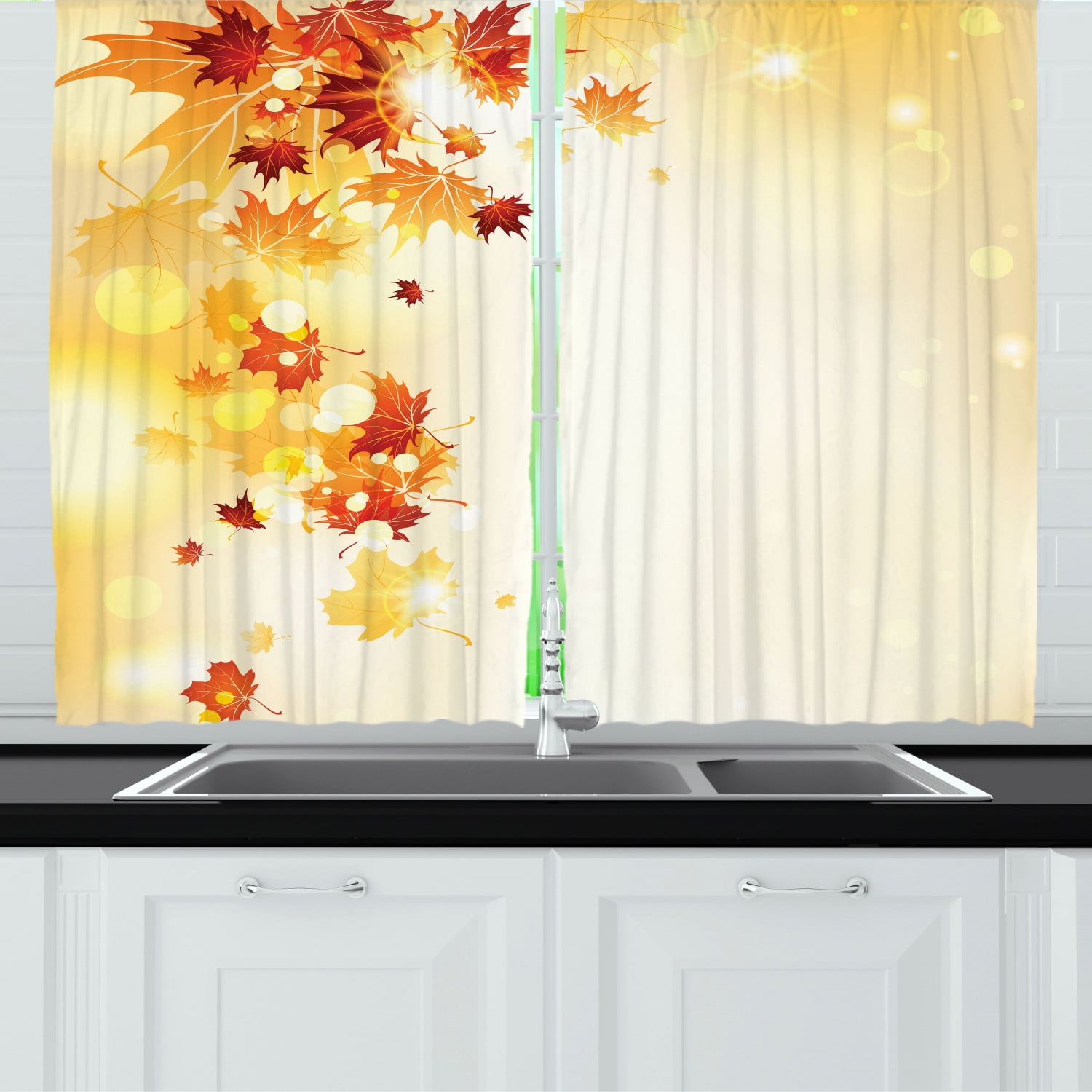 Autumn Curtains 2 Panels Set, Flying Leaves Pattern on Bokeh Style Background Autumn Nature, Window Drapes for Living Room Bedroom, 55W X 39L Inches, Pale Yellow Orange Dark Orange, by Ambesonne